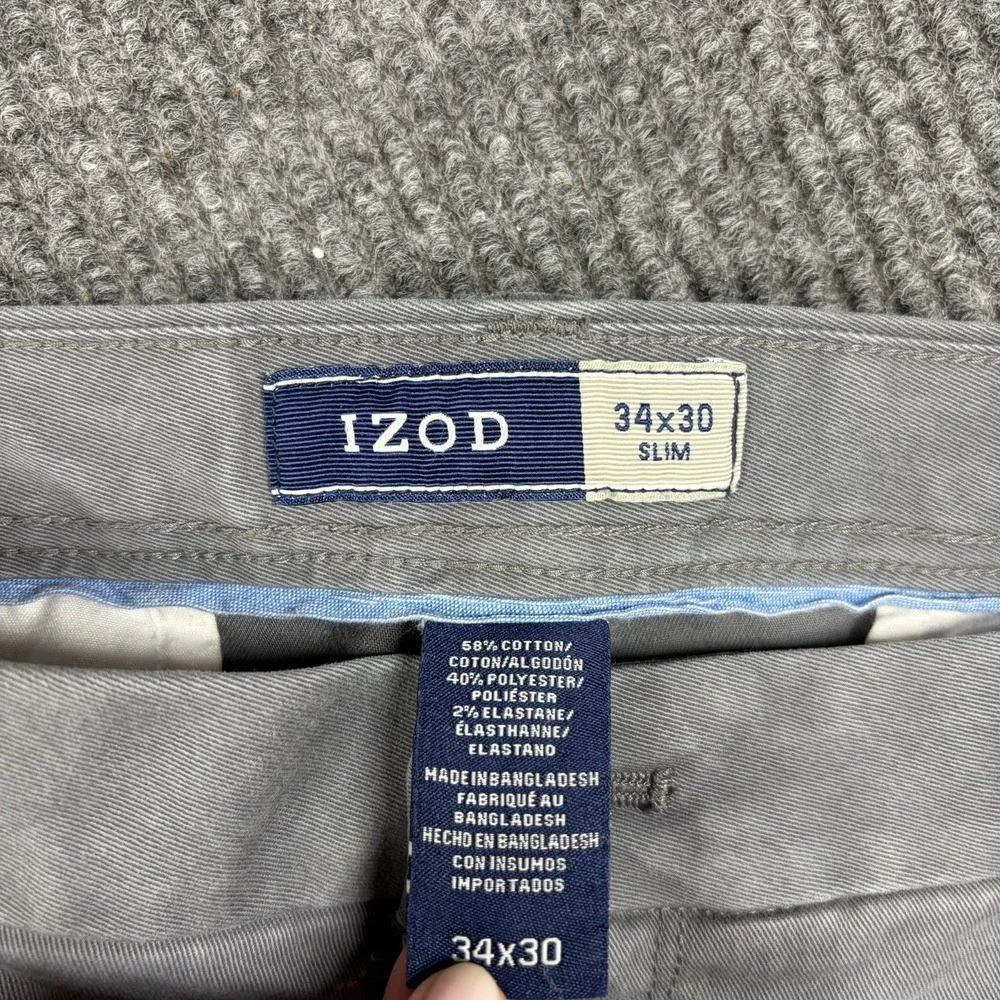 Izod Chino Pants Men 34x30 Gray Slim Fit Cotton Stretch Straight Leg Resort Wear